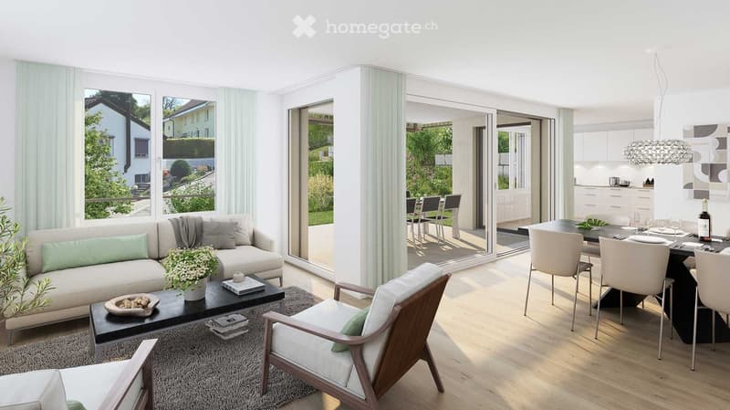 living room with large windows, sliding doors to balcony, beige sofa, coffee table, dining table, chairs, white kitchen, chandelier