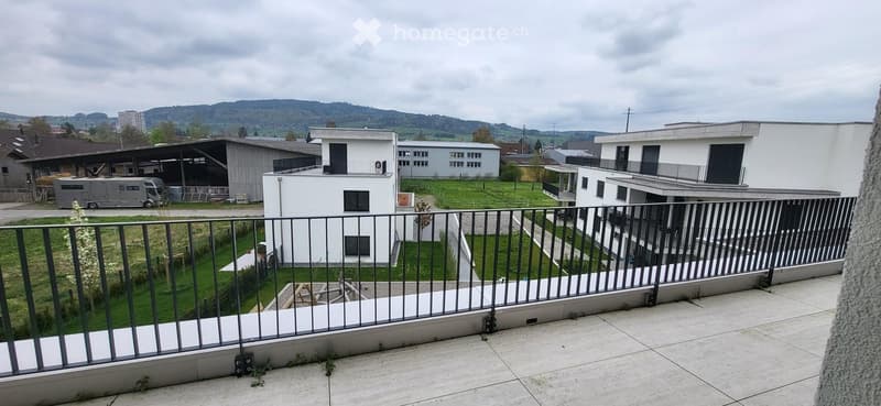 Modern white house, balcony with railings, view of the surrounding area