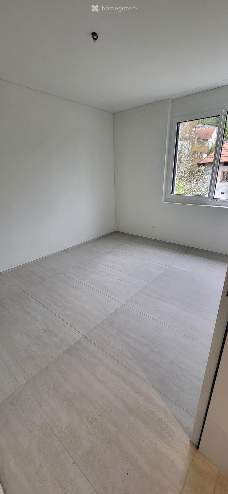 empty room, white walls, tiled floor, large window