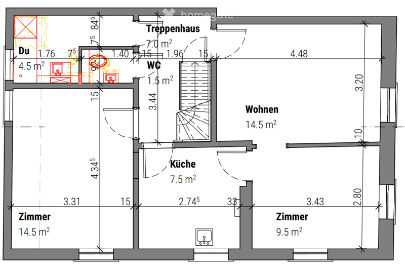 Floor plan with entrance, living room, kitchen, 2 bedrooms, bathroom, and staircase