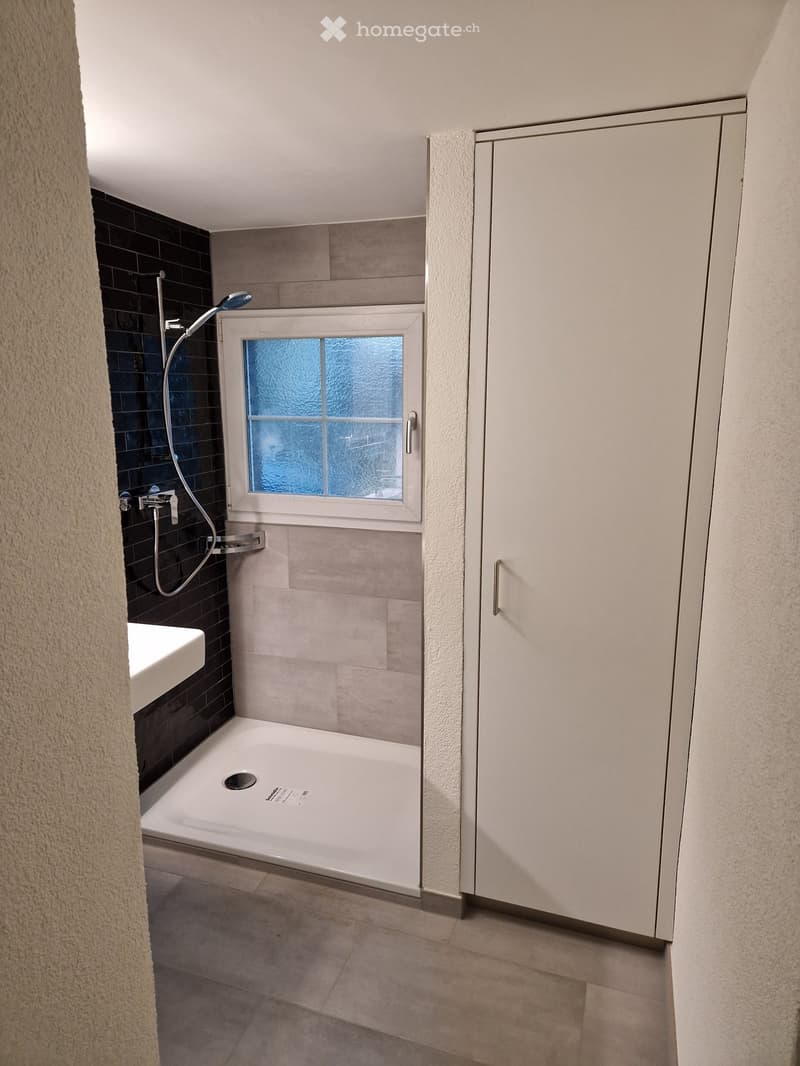 Bathroom with shower, sink, and window