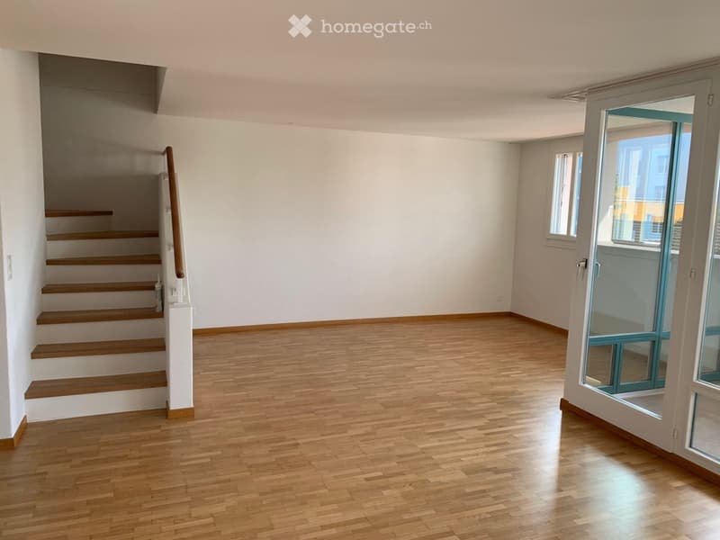 empty room, wooden floor, white walls, staircase, glass door, windows