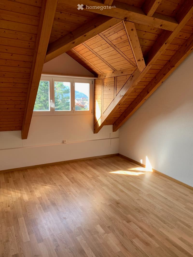 empty room, wooden floor, wooden ceiling, window with view
