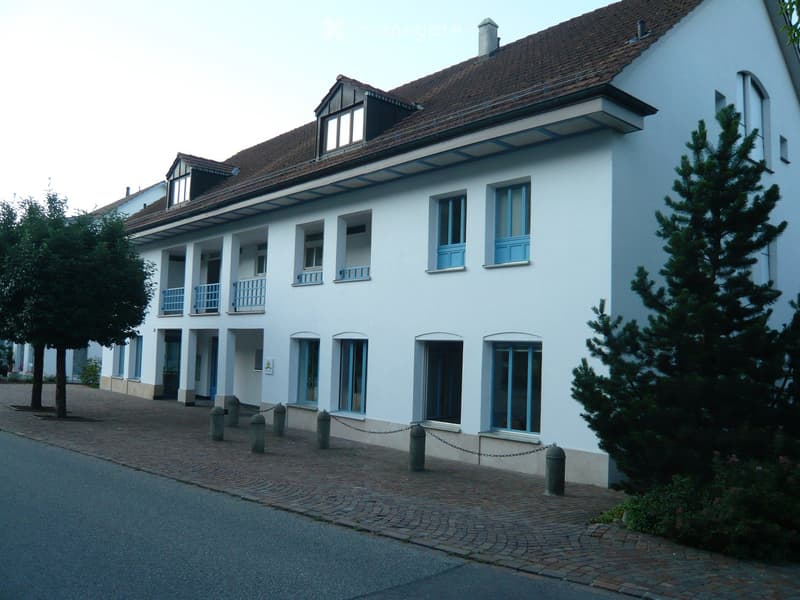 white building, brown roof, blue windows, balconies, brick sidewalk