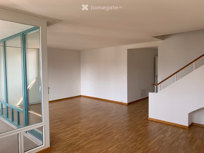 empty room, wooden floor, white walls, large windows, balcony