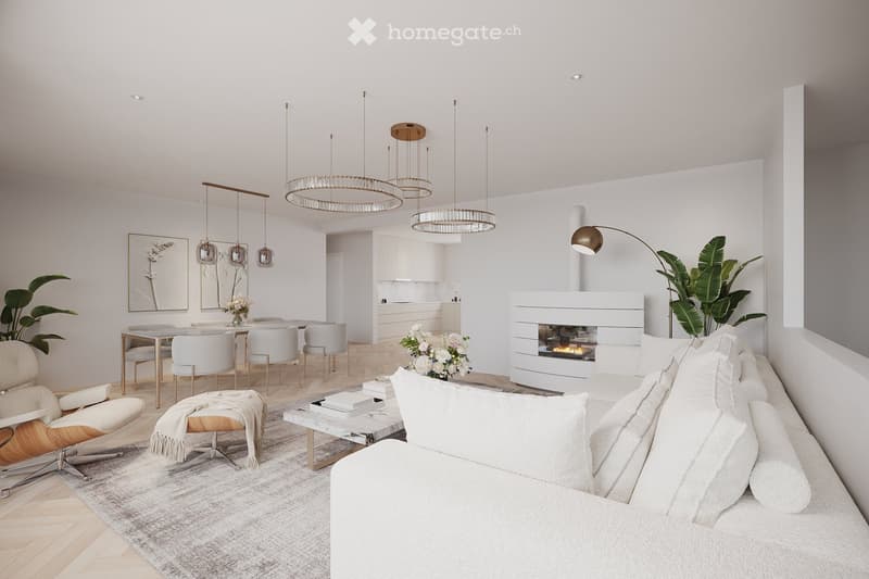 modern interior, fireplace, large windows, white furniture, hanging lamps, carpet, dining table, chairs