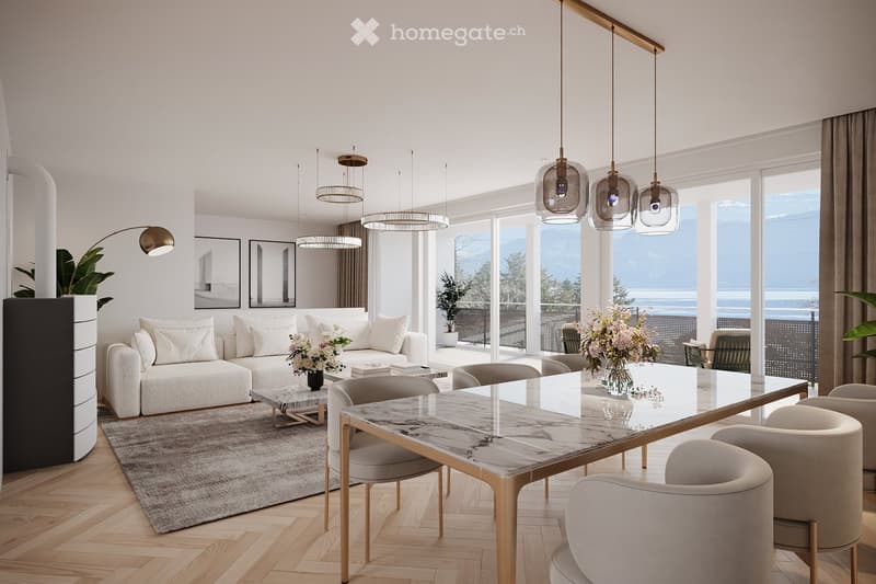 Large floor to ceiling windows, marble dining table, large couch, decorative table, lamps, potted plants, parquet flooring