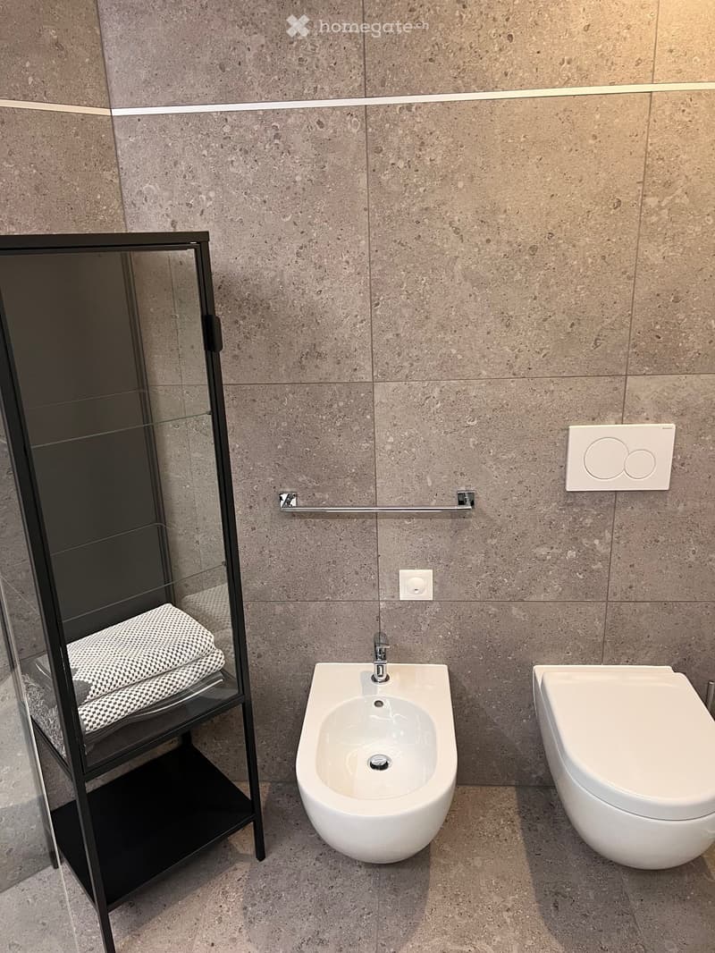 Modern bathroom with white fixtures, gray tiled walls, bidet, toilet, and a glass shelf with towels.