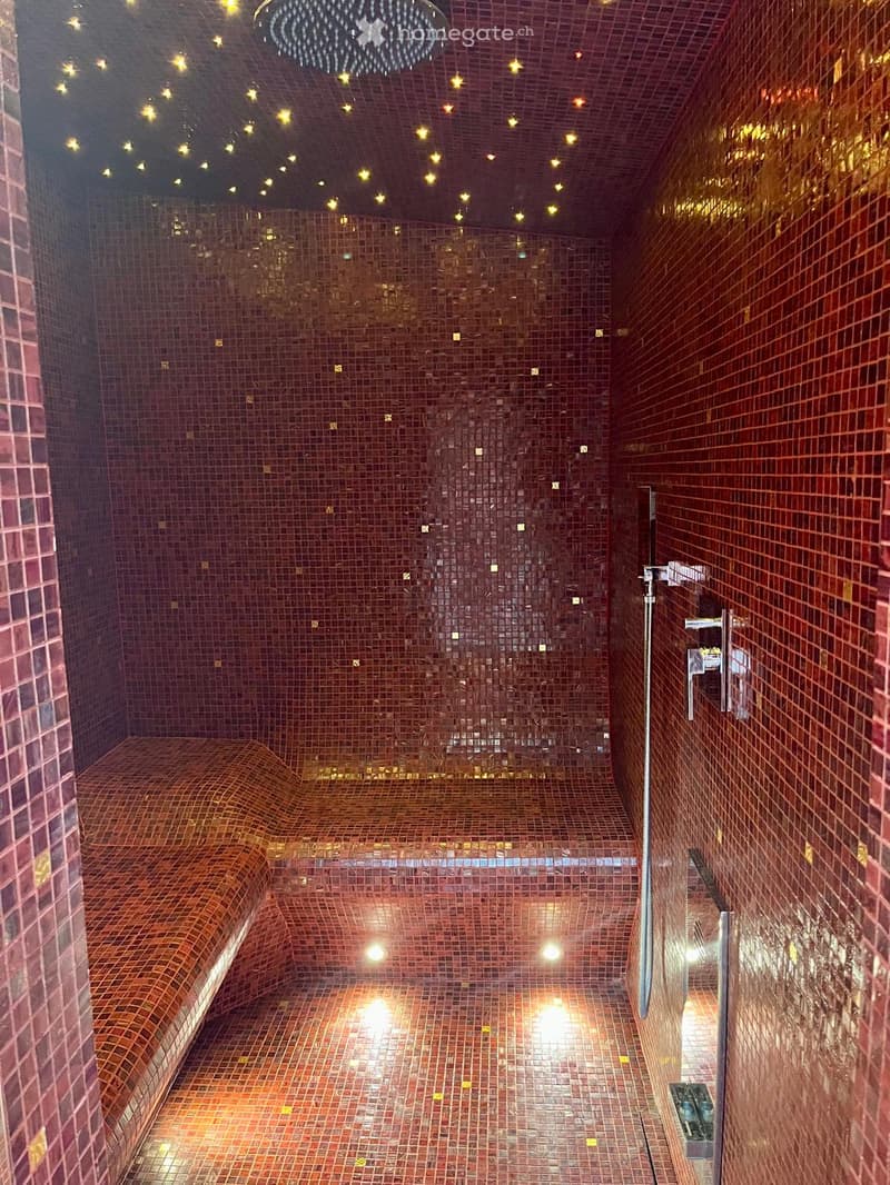 steam room with bench seating, ceiling with decorative lights, tiled floor and walls, showerhead