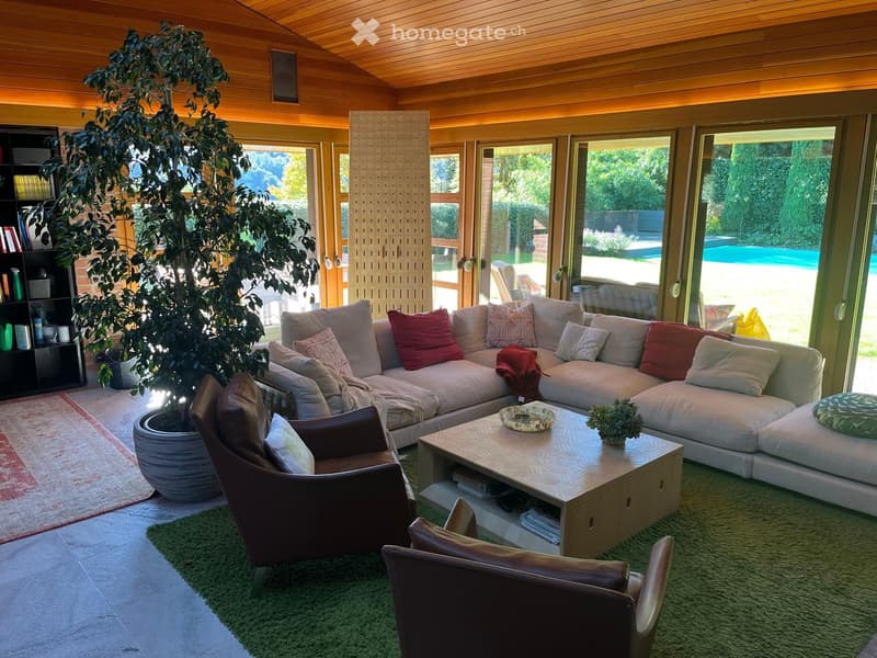 large sectional sofa, large potted plant, glass windows, wooden floors, green carpet, coffee table, side tables, bookshelves