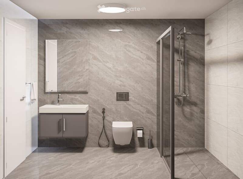 modern bathroom with gray tiles, white sink, white toilet, glass shower enclosure, mirror, towel rack, ceiling lights