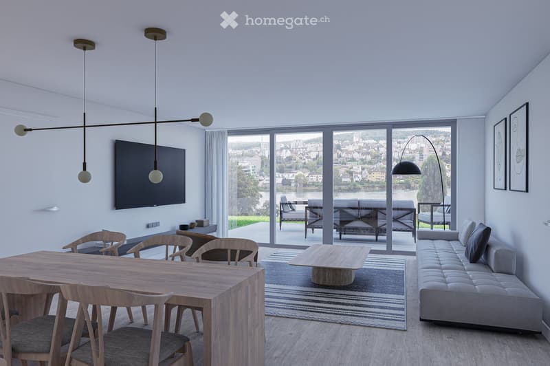 modern living room with large windows, wooden table, chairs, couch, TV, floor lamp, rug, outdoor view