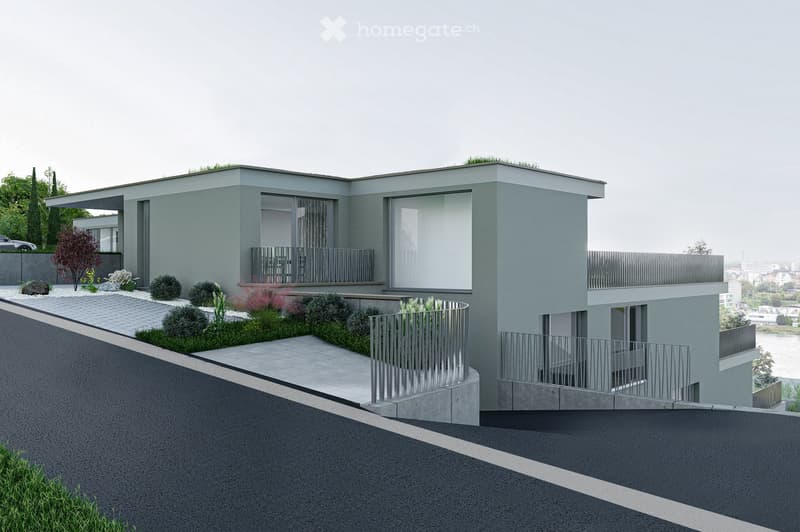modern house, gray exterior, green roof, large windows, balconies, driveway, garden