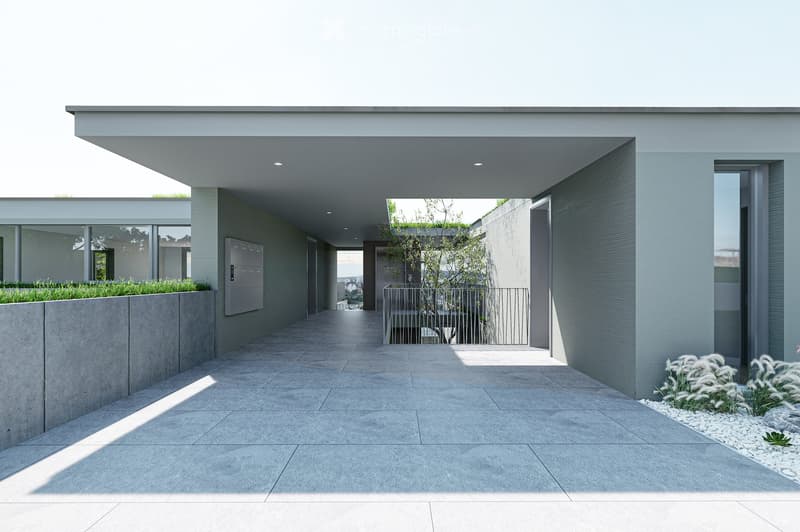 modern house, gray exterior, large windows, concrete wall, paved entrance