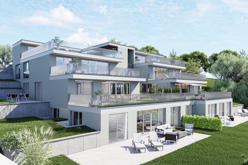 modern design, multiple balconies, raised ground floor, large windows, outdoor seating area