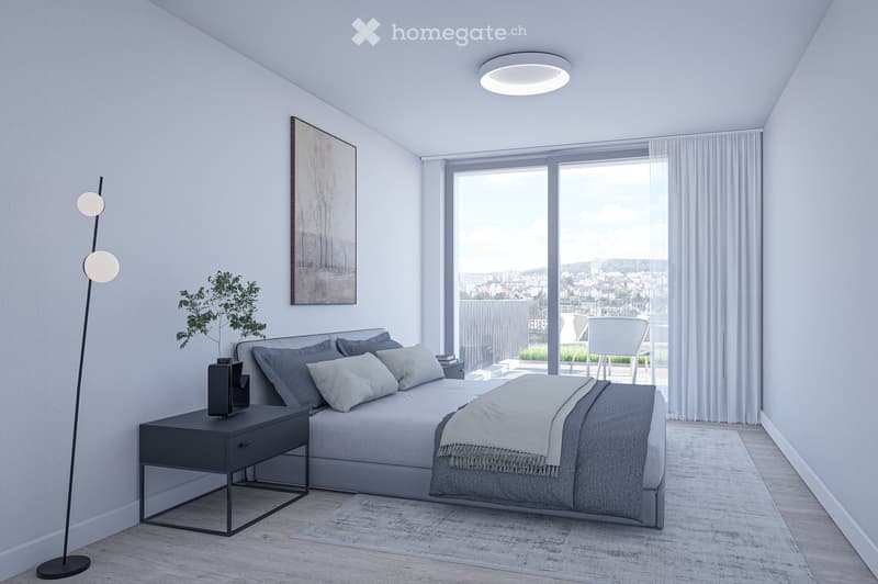 modern bedroom with a bed, nightstand, and a painting on the wall, with a view of the city
