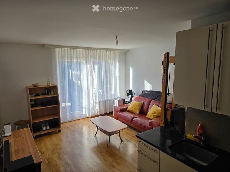 Living room with wooden floor, red leather couch, coffee table, wooden bookshelf, white curtains, fan, and kitchen area with sink and cabinets