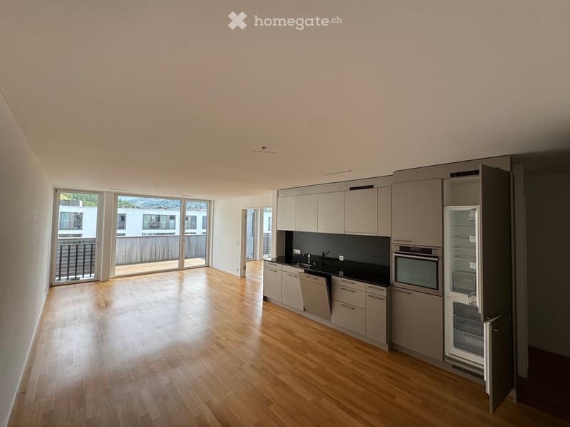 modern kitchen, wooden floor, white walls, large windows, balcony, built-in appliances