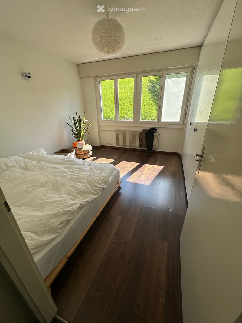 Bedroom with bed, wooden floor, white walls, large windows, plant, radiator, and ceiling lamp