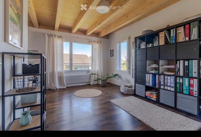 wooden floor, wooden ceiling beams, white walls, large windows, white curtains, round rug, potted plant, shelves, storage boxes, picture frames, radiator, white carpet