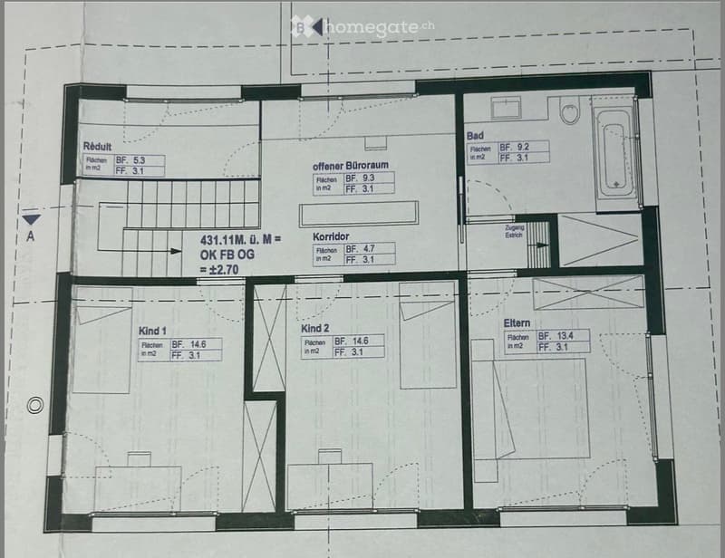 Floor plan with living room, kitchen, 2 bedrooms, 2 bathrooms, corridor, and an open office space.