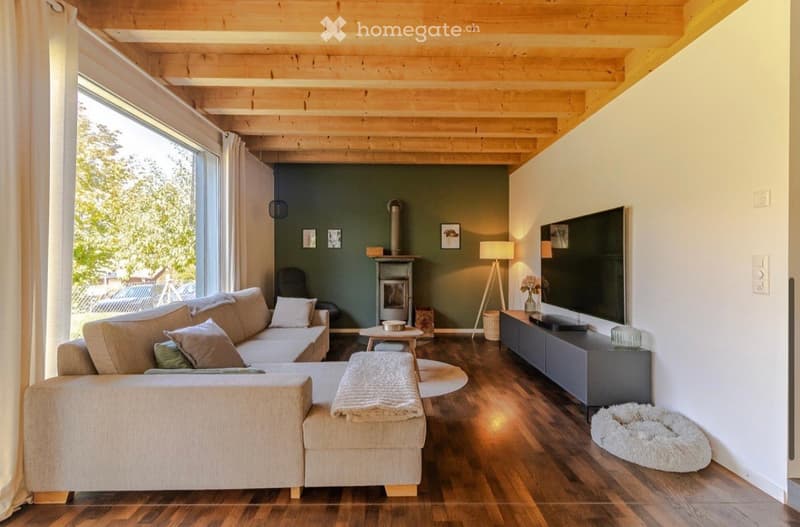 L-shaped sofa, fireplace, large windows, TV, wooden floor, green wall, wooden ceiling