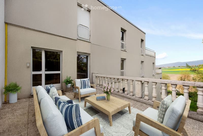 wooden furniture, cushions, coffee table, plants, railing, view of the field