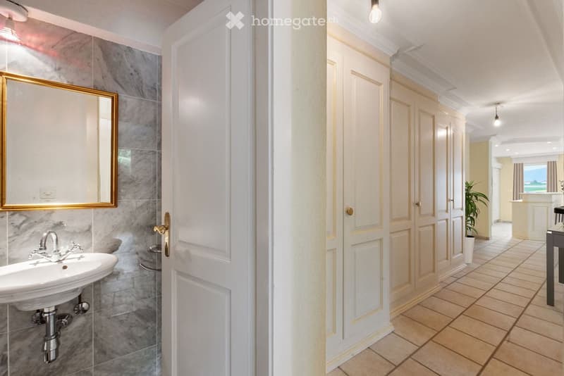 Bathroom with white sink, mirror, and marble tiles, white doors, and a potted plant.
