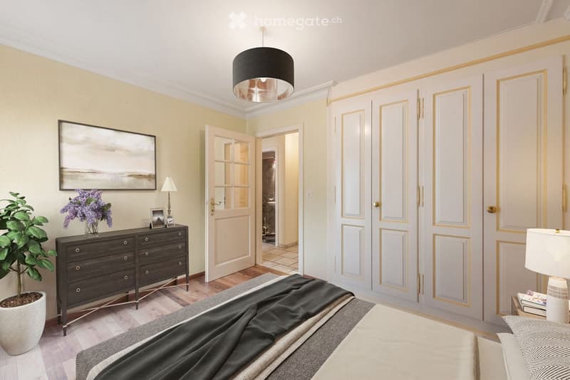 Bedroom with bed, dresser, lamps, picture frame, flowers, and a painting on the wall