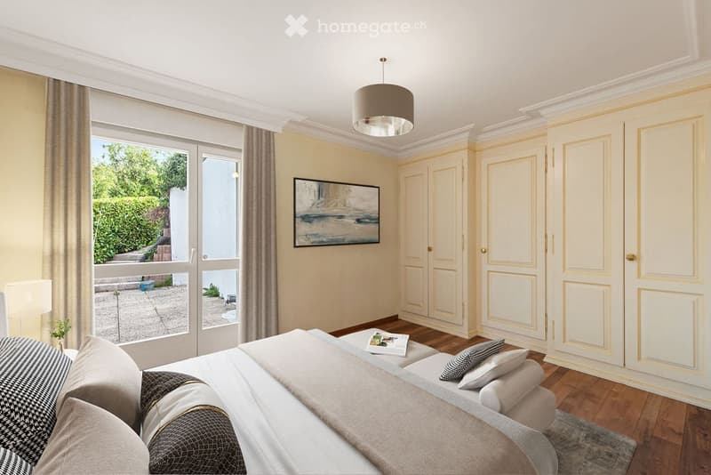 large bed, white bedding, large windows, balcony, large painting, wooden floor, white walls, white ceiling, white wardrobes