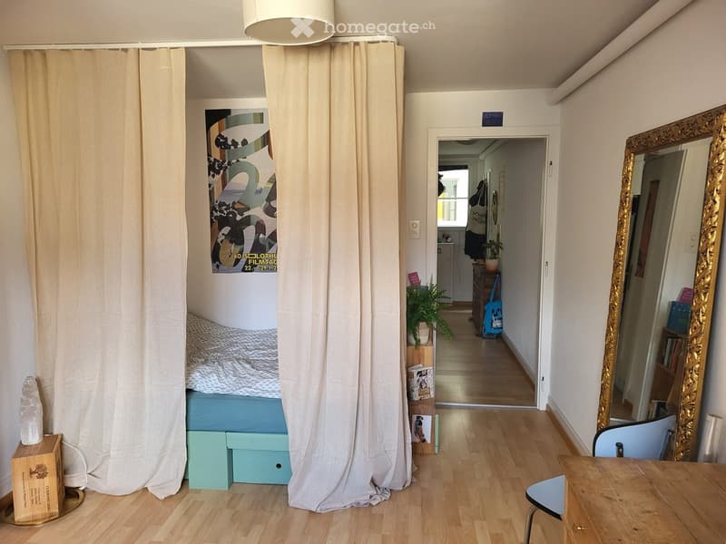 A small bedroom with a bed, a desk, a chair, a mirror, and a curtain. The room has wooden floors and white walls. The bed is placed against the wall, and there is a small table with a potted plant on it. The mirror is mounted on the wall, and there is a s
