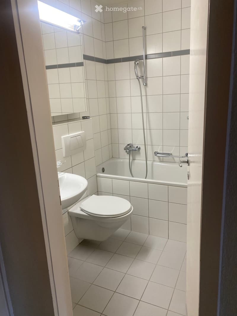 Bathroom with white tiles, toilet, sink, bathtub, shower head, mirror, and a light