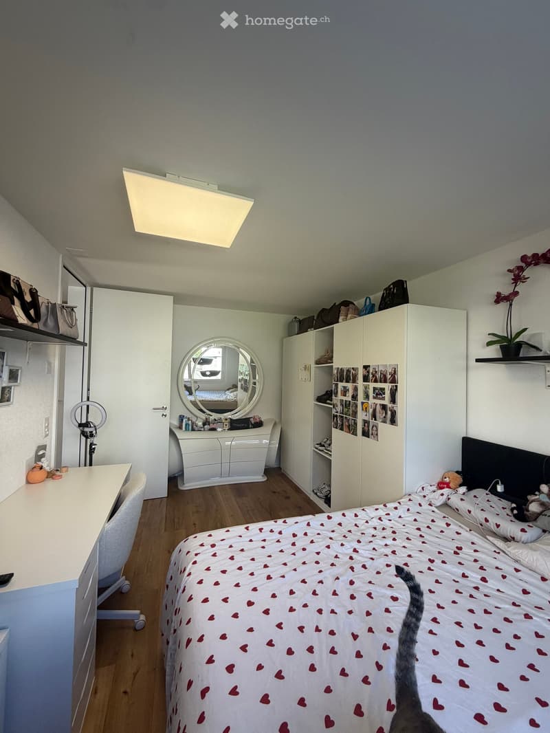 Bedroom with bed, desk, chair, mirror, cabinet, shelves, flower vase, cat, toys, and various items
