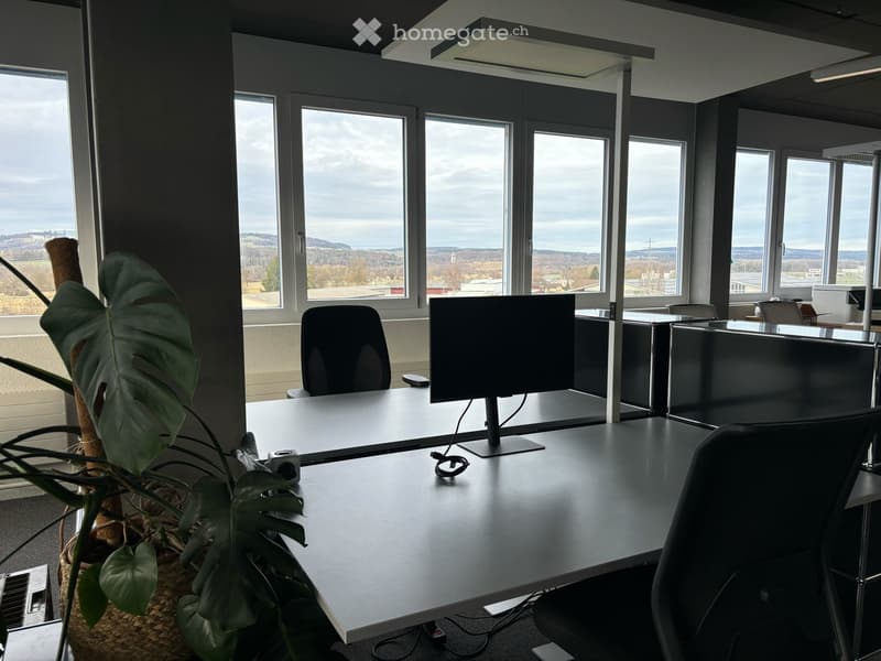 modern office with large windows, desk, computer, chairs, plant