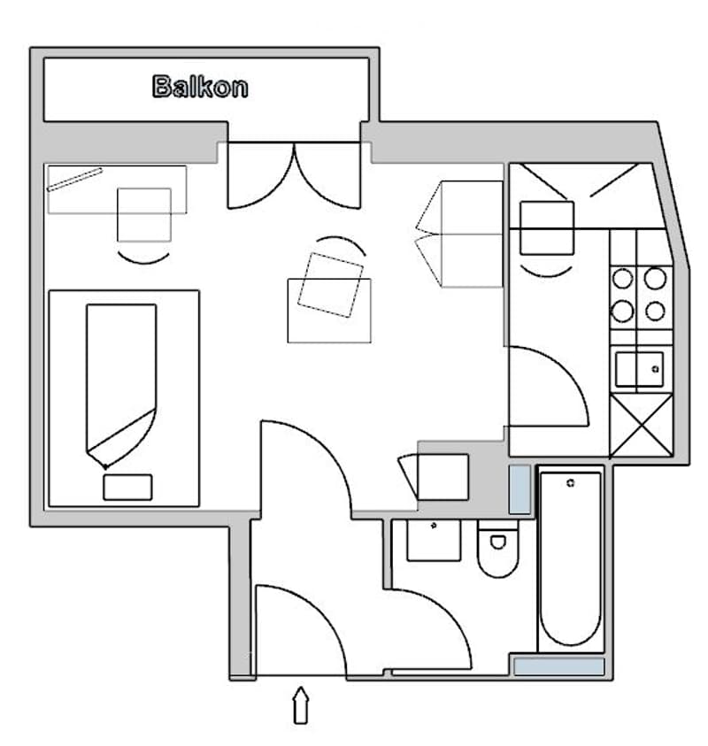 living room, kitchen, 1 bedroom, 1 bathroom, balcony