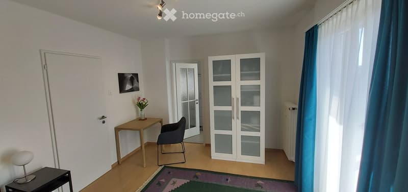 Room with white walls, wooden floor, a table with a flower vase, a chair, a glass cabinet, a picture frame on the wall, a table lamp, a radiator, a rug, and a window with blue curtains.