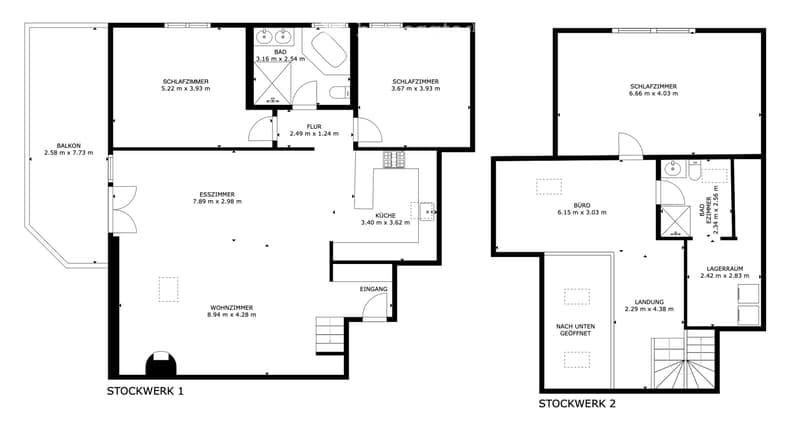 2 story floor plan, living room, kitchen, 4 bedrooms, 2 bathrooms, balcony, entrance