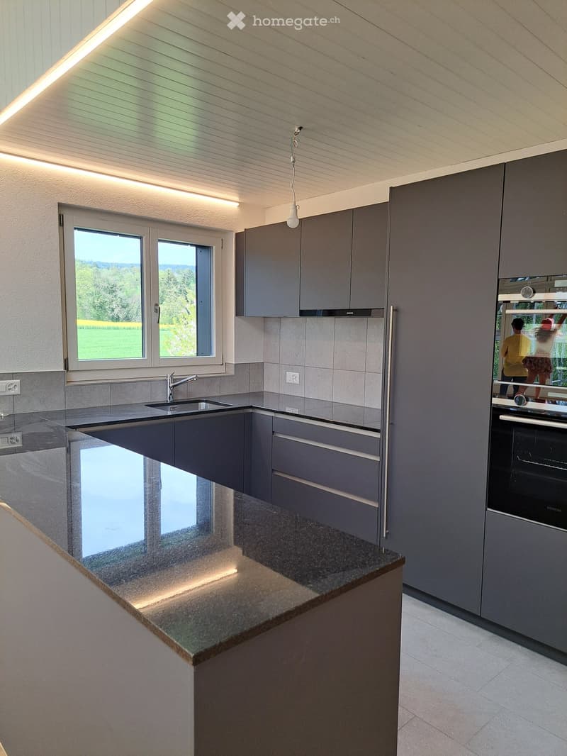 modern kitchen, granite countertop, stainless steel sink, gas stove, oven, gray cabinets, white ceiling, large window