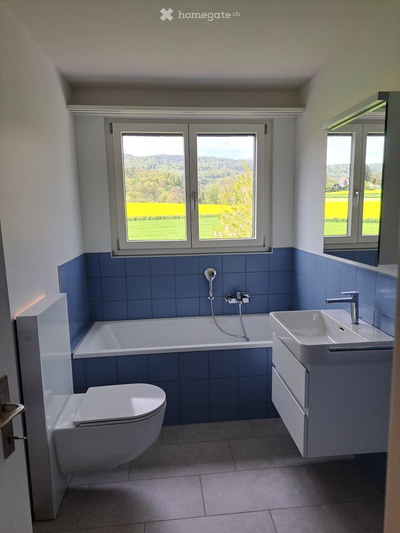 Bathroom with bathtub, toilet, sink, blue tiles, large window with view