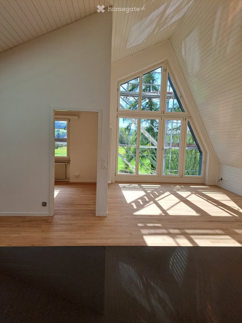 empty room, wooden floor, white walls, large windows, attic