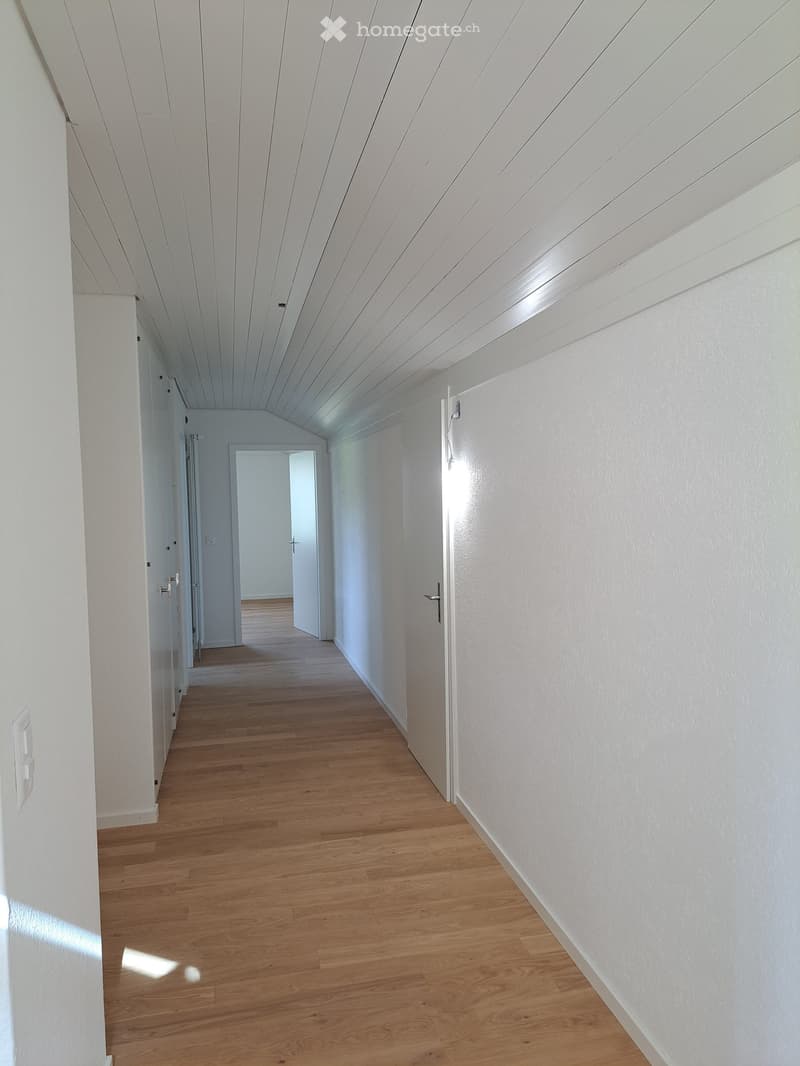Empty hallway with wooden floor, white walls, white ceiling, doors on both sides, light on the right wall
