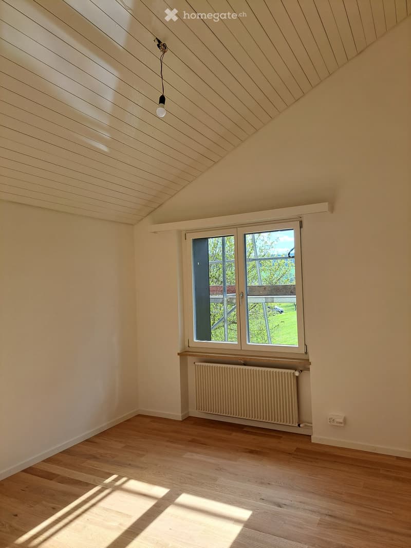 empty room, wooden floor, white walls, window with view, radiator