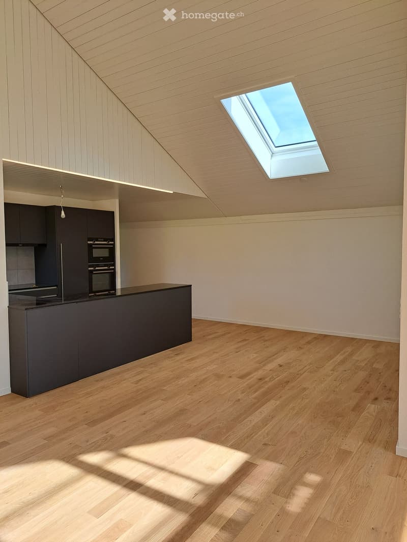 kitchen with island, wooden floor, skylight, black cabinets, double oven