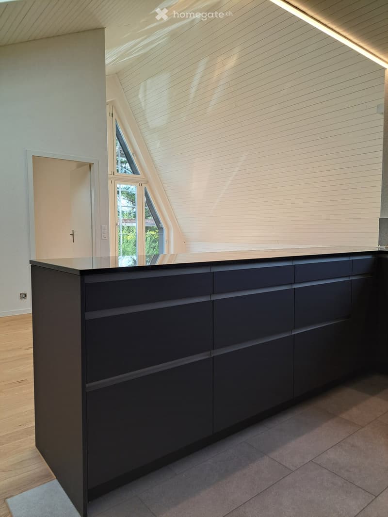 modern kitchen with black cabinets, granite countertop, wooden floor, white walls, triangular window
