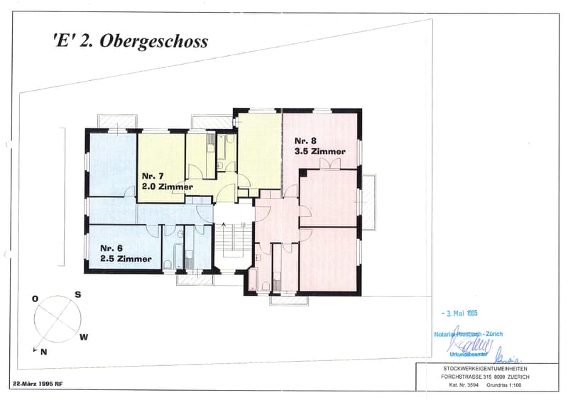 2nd floor plan, showing 3 apartments: Nr. 6 with 2.5 rooms, Nr. 7 with 2.0 rooms, Nr. 8 with 3.5 rooms