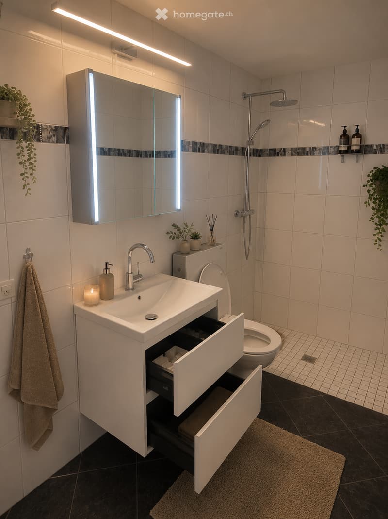 Modern bathroom with white tiles, a large sink with an open drawer, a toilet, a shower with a handheld sprayer, a mirror with built-in lighting, and decorative plants.