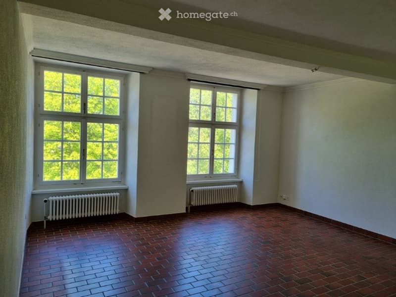 empty room, brick floor, white walls, two large windows, two radiators