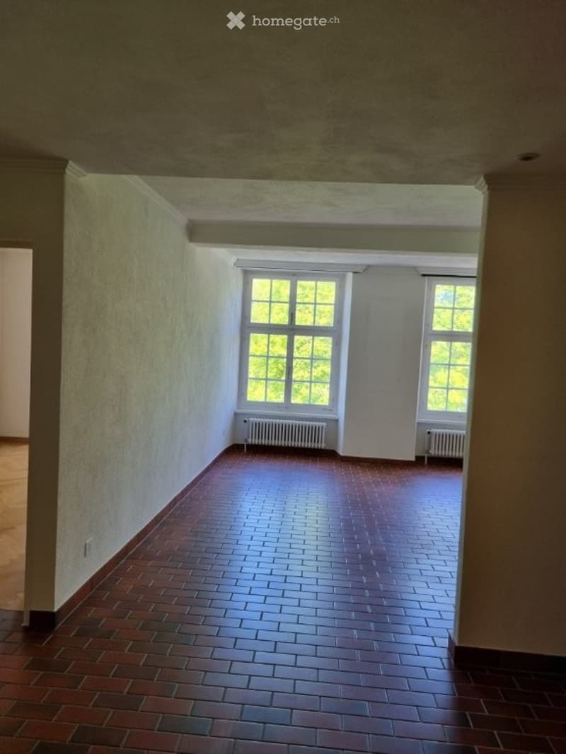 Empty room with red brick floor, white walls, two windows, and radiators