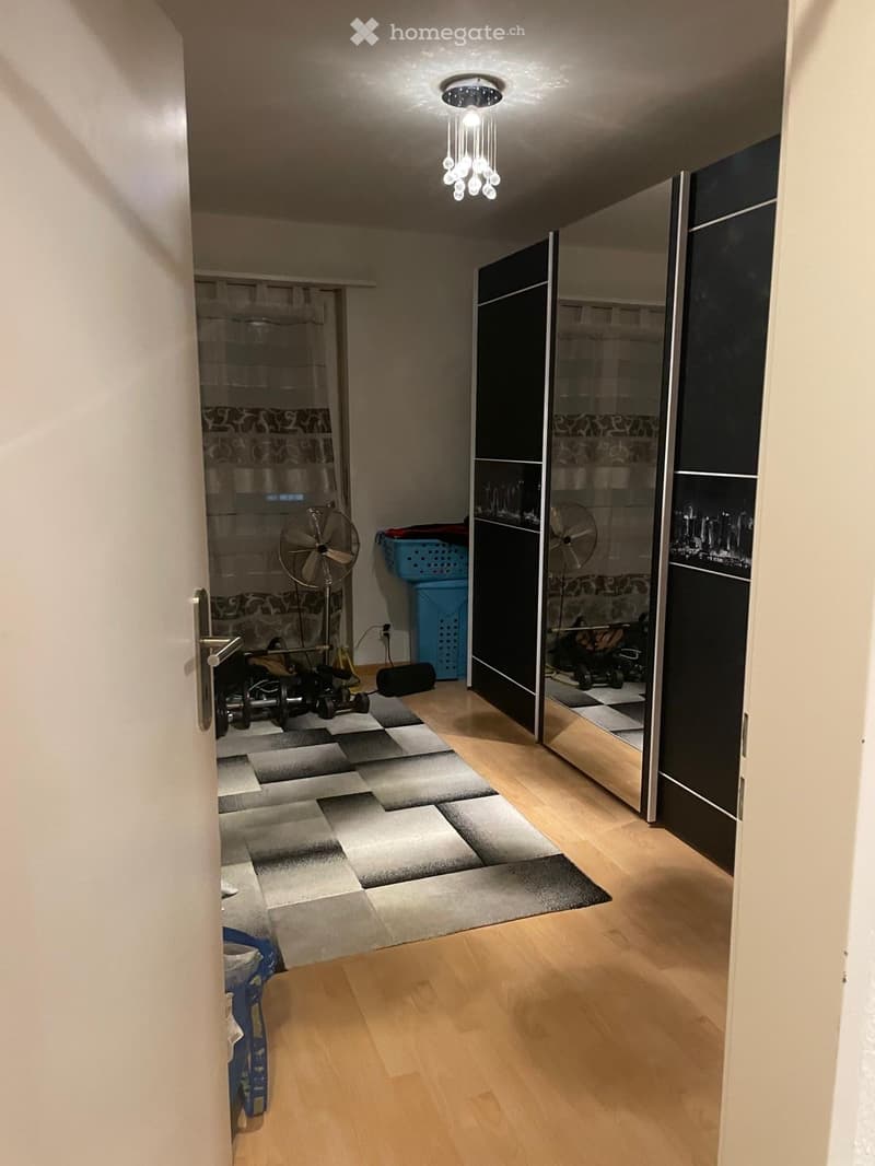 room with wooden floor, white walls, large mirror, chandelier, rug, storage boxes, fan, exercise equipment