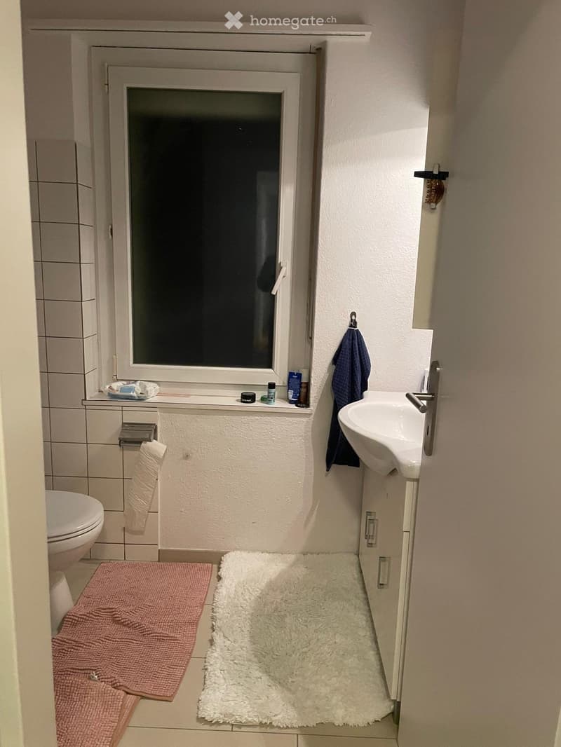 Bathroom with toilet, sink, towels, and a window